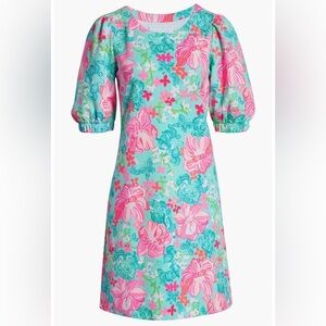 Lilly Pulitzer Cayce Short Puff Sleeve Dress Size XXS Surf Blue Luscious Lions